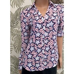 Express Portofino Shirt Womens Small Stars Memorial Day Slim Roll Tab Red White